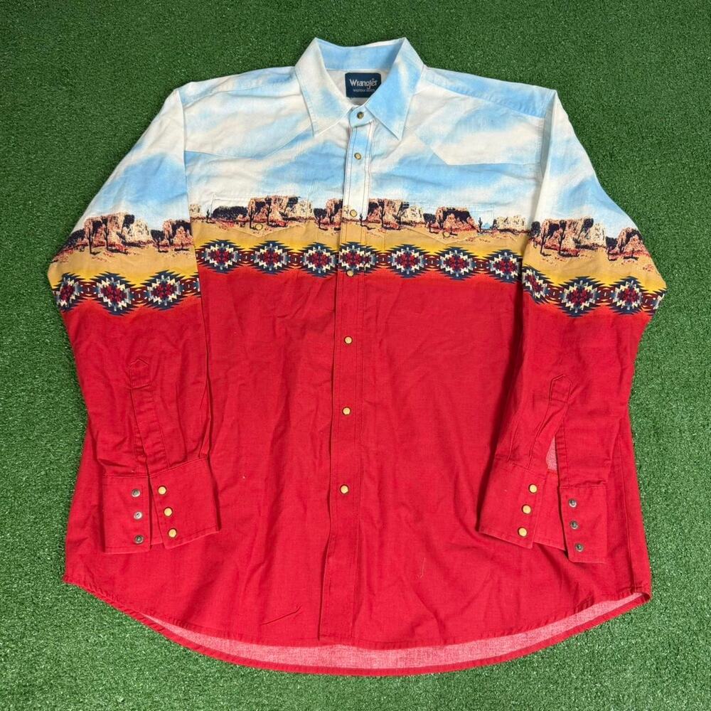 Vintage Wrangler Western Pearl Snap Shirt XXL Southwest Aztec Desert Print